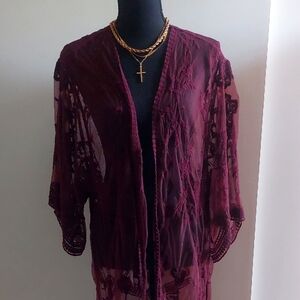 Embroidered Crochet Burgundy Open Front Duster Kimono L Indie Boho Festival